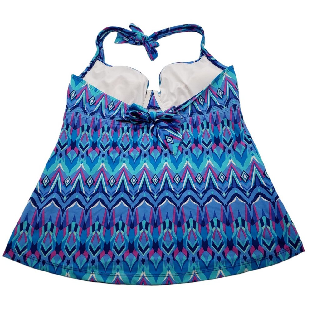 Beach Diva Blue Pink Geometric Tankini Swim Suit Top Size 34DD Built in bra - Picture 3 of 6